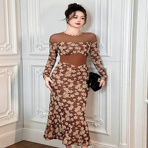 الفرنسية أنيقة فساتين لحضور الحفلات الموسيقية النساء الملابس الرجعية شير شبكة مطاطية مشد التفاف الورك ذيل السمكة رداء سيدة حفلة فستان طويل