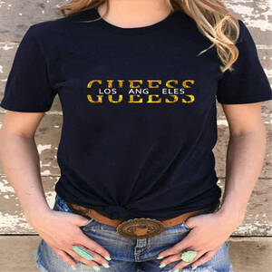 تي شيرت نسائي 100 قطن خالص صيفي غير رسمي فضفاض موضة تخمين لوس أنجلوس رسالة مطبوعة رقبة مستديرة تي شيرت بأكمام قصيرة