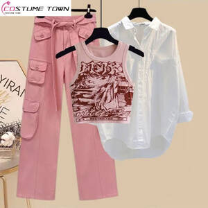 طقم سراويل عمل نسائية من ثلاث قطع علوية عالية الخصر ، قميص متعدد الاستخدامات ، طراز كوري حلو ، موسم الربيع والخريف ، جديد ،