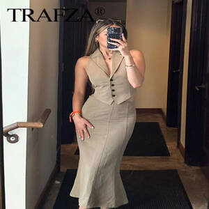 أطقم تنورة نسائية متينة من TRAFZA سترات من الدانتيل أحادية الصدر وسحاب جانبي علوي تنانير ميدي ضيقة موضة ملابس شارع العليا