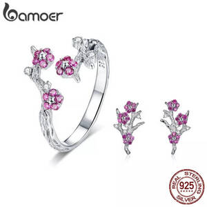BAMOER-925 فضة زهرة البرقوق أقراط للنساء ، 100  الفضة ، الزركون مجموعات المجوهرات الفاخرة ، تزهر ، Wintersweet ، خواتم ، ZHS096