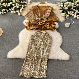 تنورة نسائية طويلة مطرزة تنورة طويلة بحزام وكشكشة بلوزة علوية ، أكمام قصيرة ، رقبة على شكل V ، حفلة مثيرة للإناث ، فاخرة ، الصيف ، 2 طقم