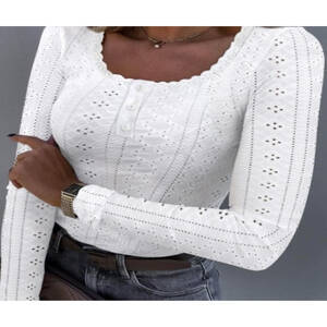 المرأة المرقعة جوفاء الدانتيل بلوزة بأكمام طويلة ، س الرقبة تي شيرت ، أبيض ، أنيق ، عارضة ، ضئيلة ، نمط جديد ، الموضة