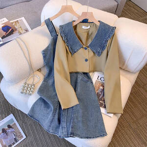 ربيع 2024 فستان جديد للتخسيس من قماش الدنيم مكون من قطعتين ملابس خروج لتقليل العمر للنساء