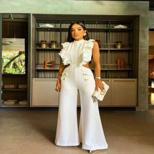 جديد الصيف المرأة بذلة واحدة الجبهة كشكش بذلة أكمام واسعة الساق طويلة بانت ارتداءها موضة تناسب ملابس الشارع الشهير غير رسمية